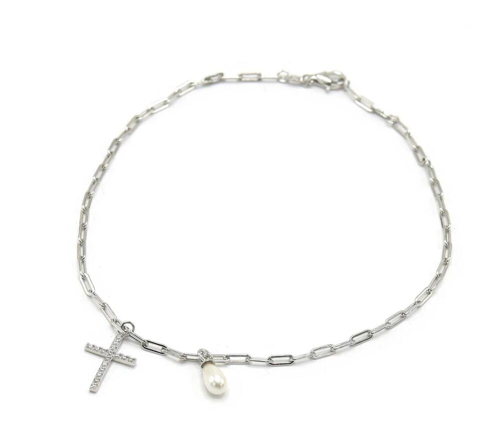 925 Sterling Silver Cross Anklet with Pearl Charm Jewelry